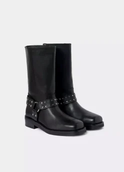 Bota Biker Tachas Punta Cuadrada Piel