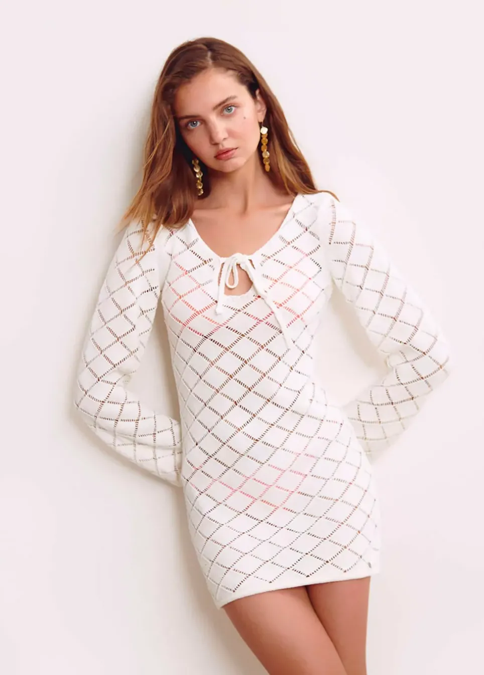 Vestido Crochet Corto Manga Larga